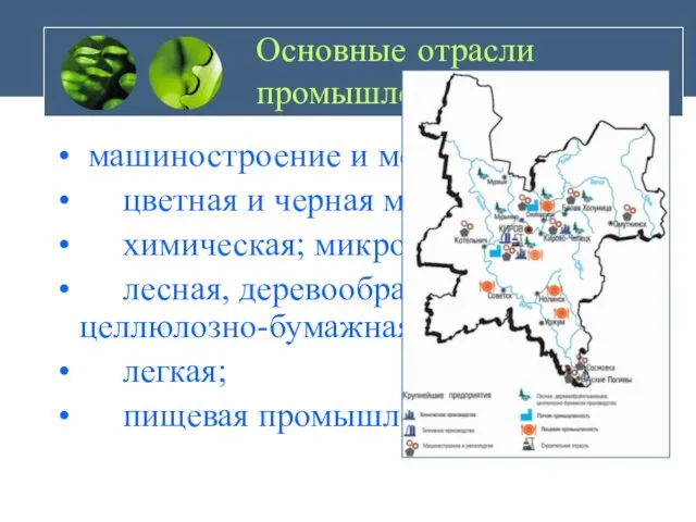 Основные отрасли промышленности машиностроение и металлообработка; цветная и черная металлургия;