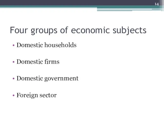 Four groups of economic subjects Domestic households Domestic firms Domestic government Foreign sector