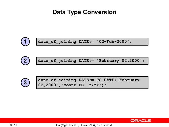 Data Type Conversion date_of_joining DATE:= '02-Feb-2000'; date_of_joining DATE:= 'February 02,2000';