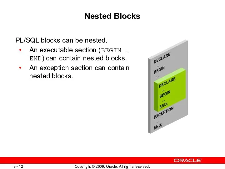 Nested Blocks PL/SQL blocks can be nested. An executable section