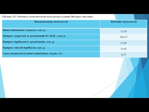 Таблица 3.8 - Основные экономические показатели создания Интернет-магазина