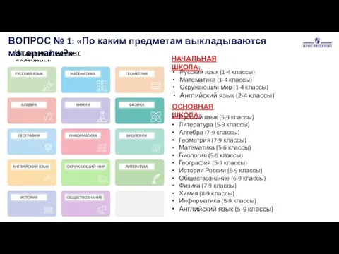 ВОПРОС № 1: «По каким предметам выкладываются материалы?» На данный момент доступны: Русский