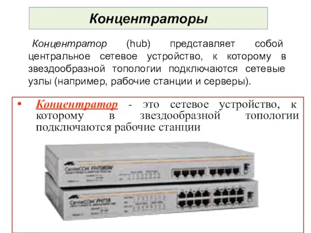 Концентраторы Концентратор (hub) представляет собой центральное сетевое устройство, к которому