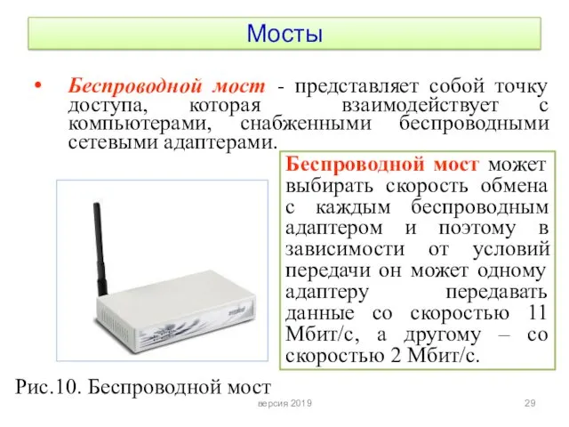 Мосты Беспроводной мост - представляет собой точку доступа, которая взаимодействует