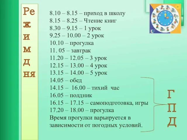 8.10 – 8.15 – приход в школу 8.15 – 8.25