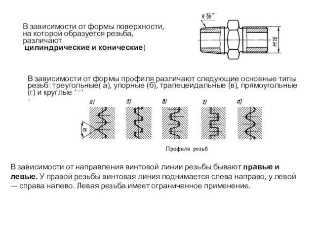 В зависи­мости от формы поверхности, на которой образуется резьба, различают