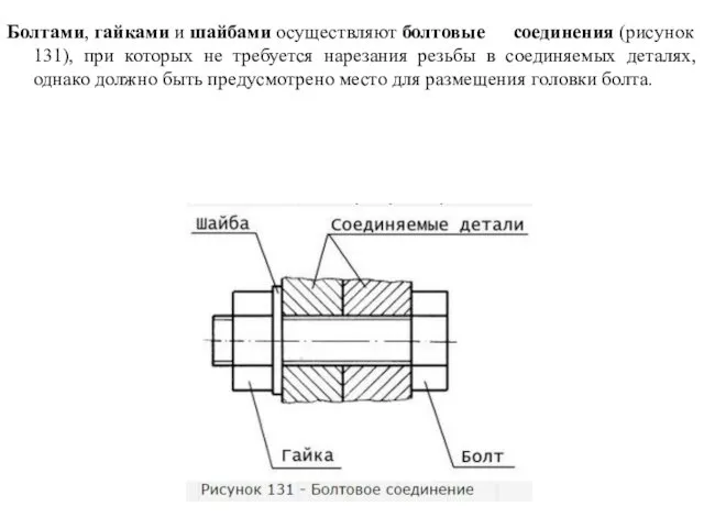 Болтами, гайками и шайбами осуществляют болтовые соединения (рисунок 131), при