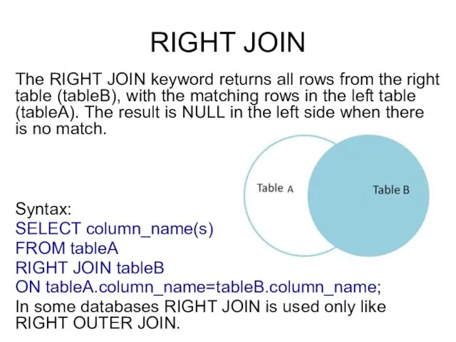 RIGHT JOIN The RIGHT JOIN keyword returns all rows from