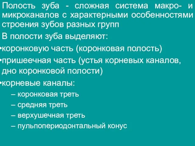 Полость зуба - сложная система макро- и микроканалов с характерными