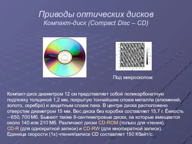 Приводы оптических дисков Компакт-диск (Compact Disc – CD) Под микроскопом Компакт-диск диаметром 12