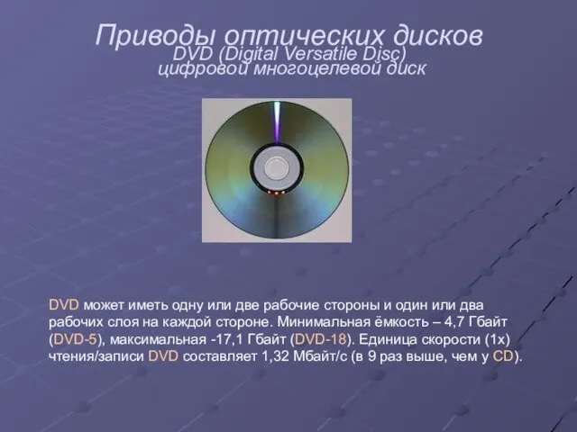 Приводы оптических дисков DVD (Digital Versatile Disc) цифровой многоцелевой диск DVD может иметь