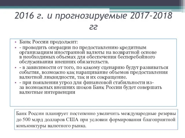 2016 г. и прогнозируемые 2017-2018 гг Банк России продолжит: -