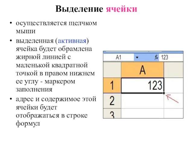 Выделение ячейки осуществляется щелчком мыши выделенная (активная) ячейка будет обрамлена