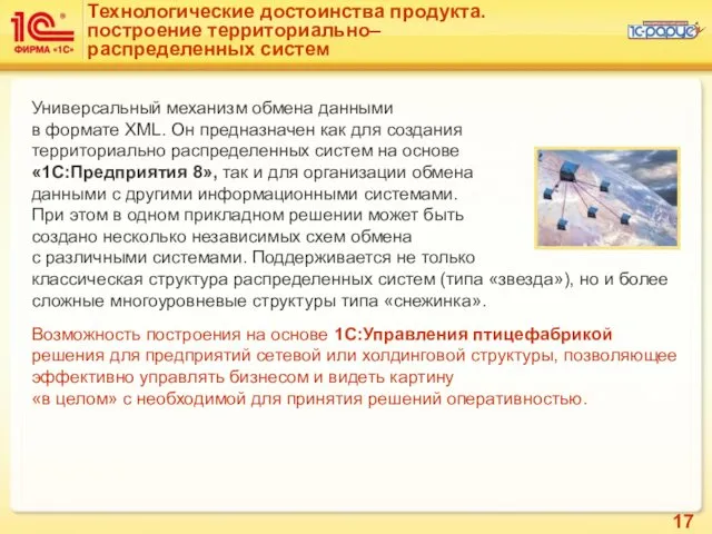 Технологические достоинства продукта. построение территориально– распределенных систем Универсальный механизм обмена