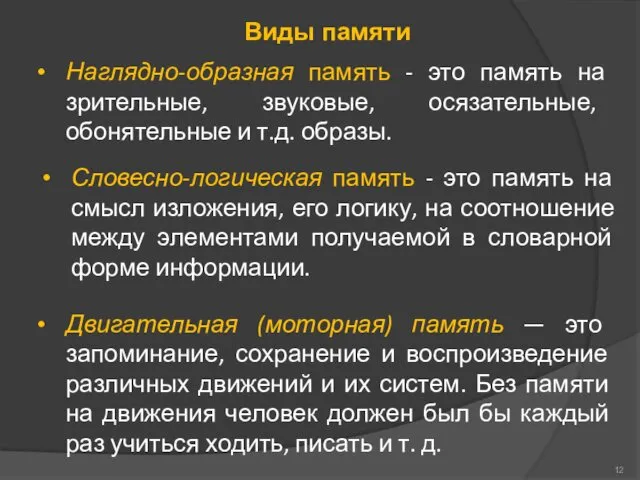 Виды памяти Наглядно-образная память - это память на зрительные, звуковые,