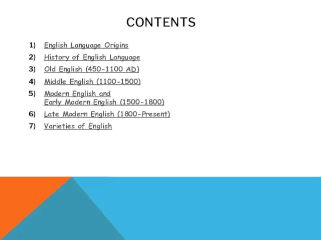 CONTENTS English Language Origins History of English Language Old English