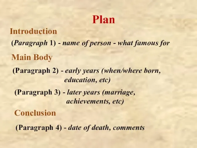 Plan Introduction (Paragraph 1) - name of person - what