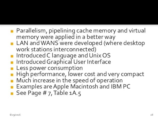 Parallelism, pipelining cache memory and virtual memory were applied in