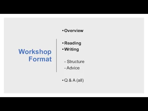 Workshop Format Overview Reading Writing - Structure - Advice Q & A (all)