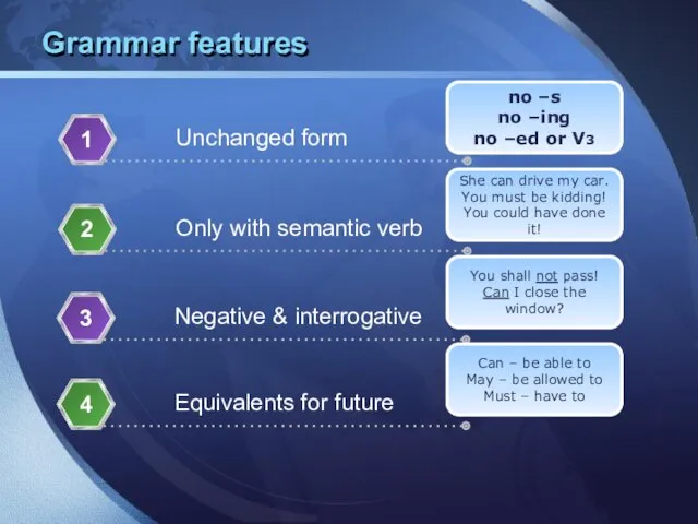 Grammar features Unchanged form 1 Only with semantic verb 2 Negative & interrogative