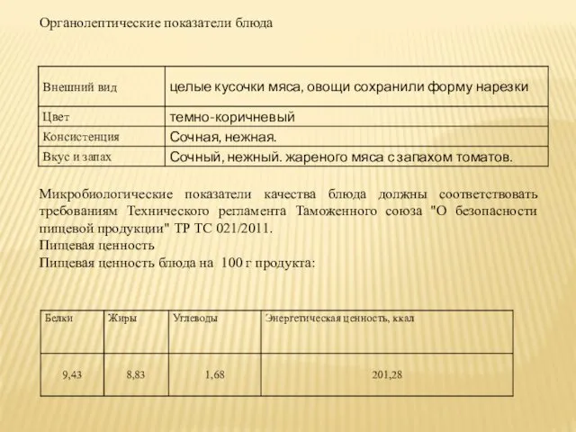 Органолептические показатели блюда Микробиологические показатели качества блюда должны соответствовать требованиям