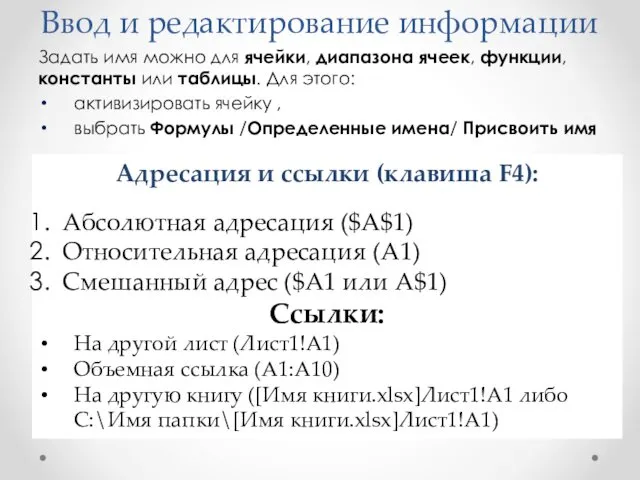 Ввод и редактирование информации Задать имя можно для ячейки, диапазона