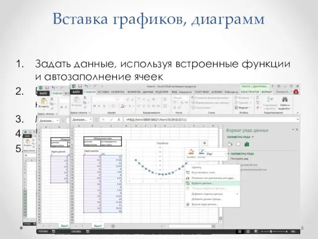 Вставка графиков, диаграмм Задать данные, используя встроенные функции и автозаполнение