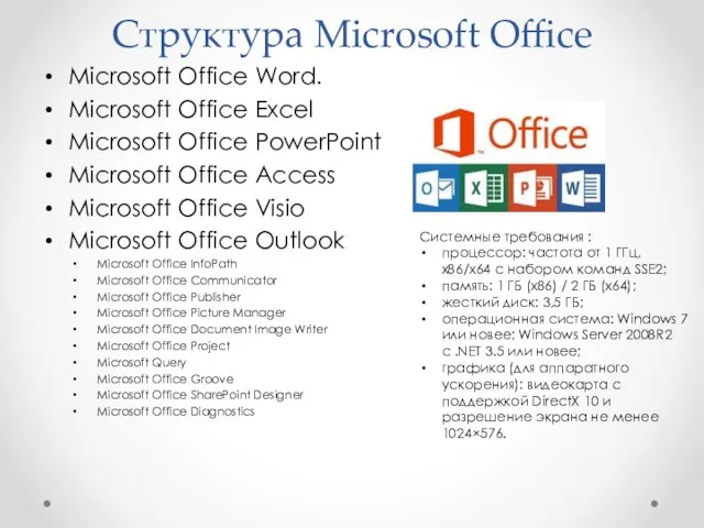 Структура Microsoft Office Microsoft Office Word. Microsoft Office Excel Microsoft