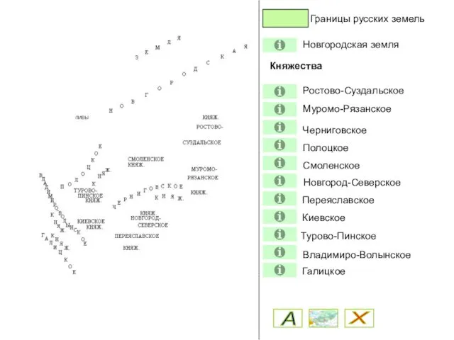 Владимиро-Волынское Границы русских земель Новгородская земля Ростово-Суздальское Муромо-Рязанское Черниговское Полоцкое