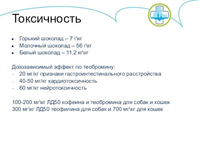 Токсичность Горький шоколад – 7 г\кг Молочный шоколад – 56