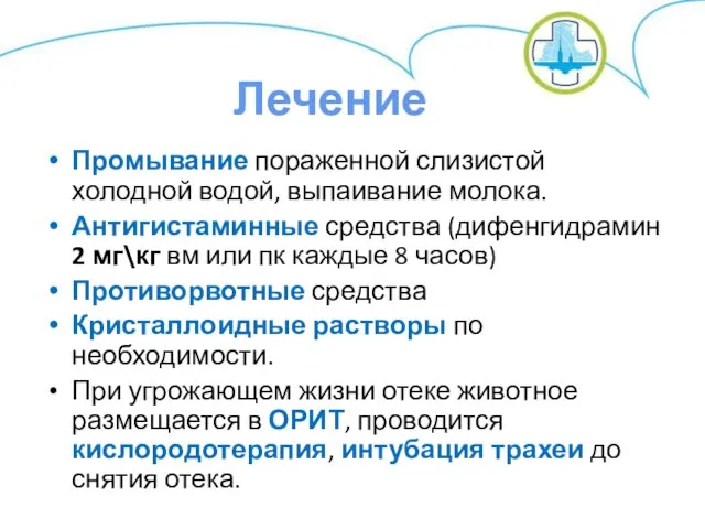 Промывание пораженной слизистой холодной водой, выпаивание молока. Антигистаминные средства (дифенгидрамин