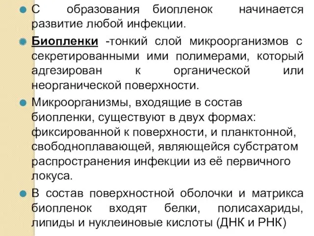 С образования биопленок начинается развитие любой инфекции. Биопленки -тонкий слой