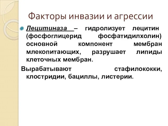 Факторы инвазии и агрессии Лецитиназа – гидролизует лецитин (фосфоглицерид фосфатидилхолин)