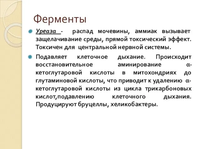 Ферменты Уреаза - распад мочевины, аммиак вызывает защелачивание среды, прямой