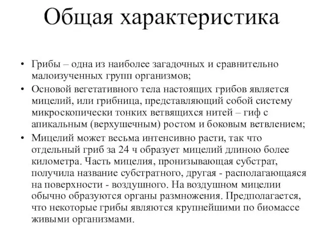 Общая характеристика Грибы – одна из наиболее загадочных и сравнительно