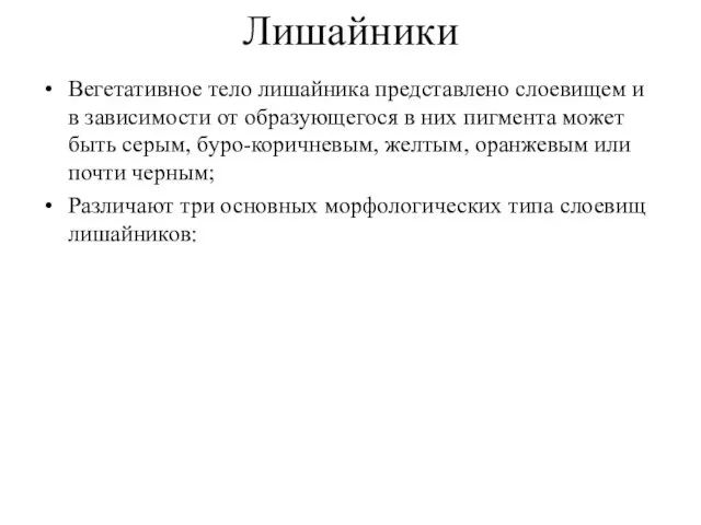 Лишайники Вегетативное тело лишайника представлено слоевищем и в зависимости от