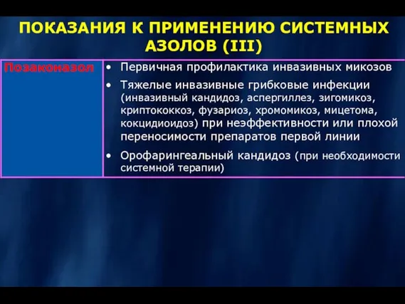 ПОКАЗАНИЯ К ПРИМЕНЕНИЮ СИСТЕМНЫХ АЗОЛОВ (III)