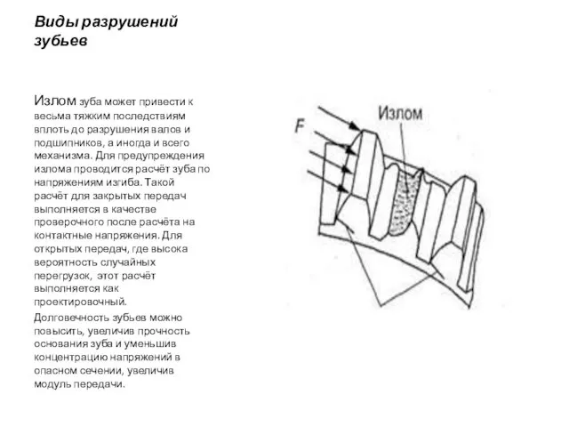 Виды разрушений зубьев Излом зуба может привести к весьма тяжким
