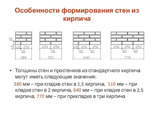 Особенности формирования стен из кирпича Толщины стен и простенков из