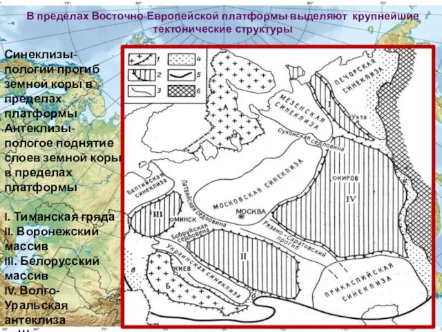 В пределах Восточно-Европейской платформы выделяют крупнейшие тектонические структуры Синеклизы- пологий