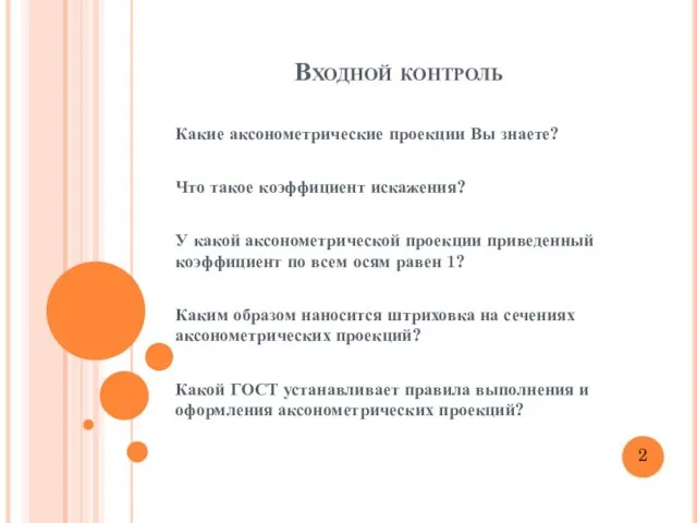 Входной контроль Какие аксонометрические проекции Вы знаете? Что такое коэффициент