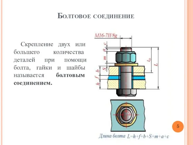 Болтовое соединение Скрепление двух или большего количества деталей при помощи