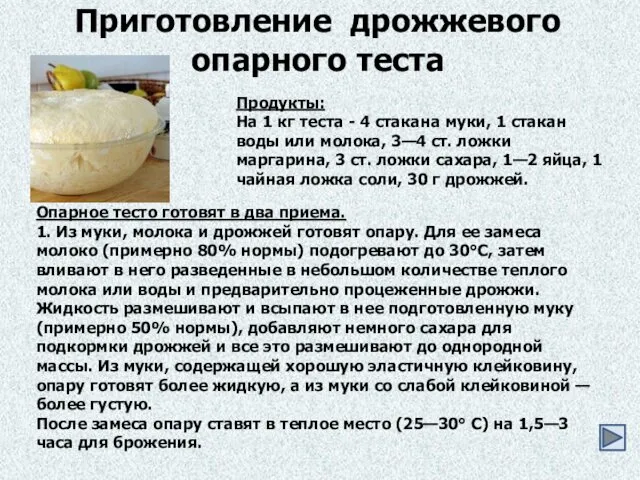 Приготовление дрожжевого опарного теста Продукты: На 1 кг теста -