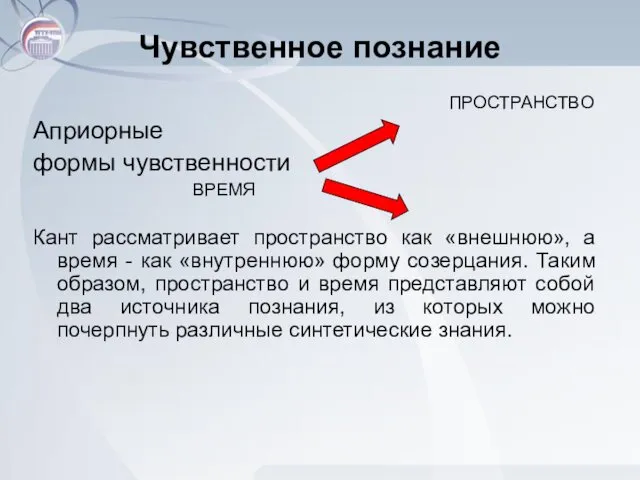 Чувственное познание ПРОСТРАНСТВО Априорные формы чувственности ВРЕМЯ Кант рассматривает пространство