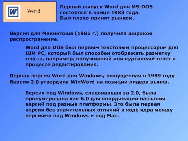 Word Версия для Макинтоша (1985 г.) получила широкое распространение. Word