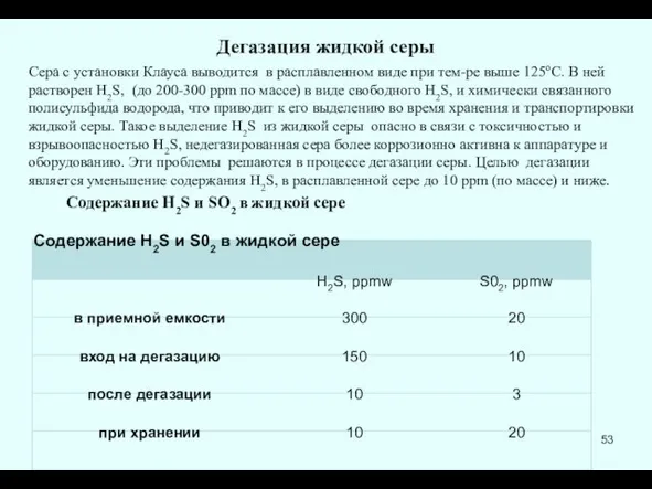 Дегазация жидкой серы Сера с установки Клауса выводится в расплавленном