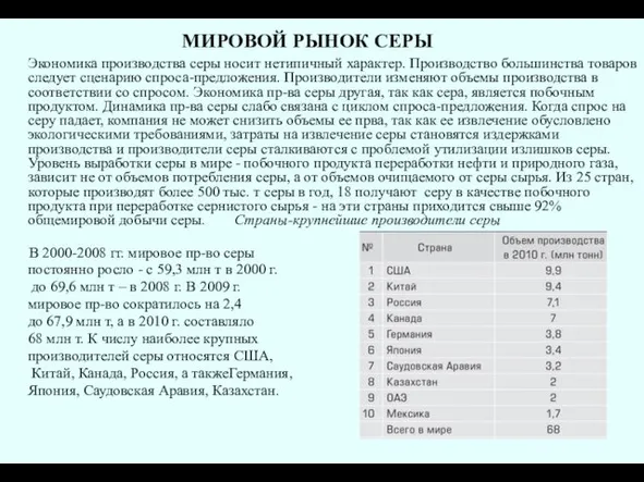 МИРОВОЙ РЫНОК СЕРЫ Экономика производства серы носит нетипичный характер. Производство