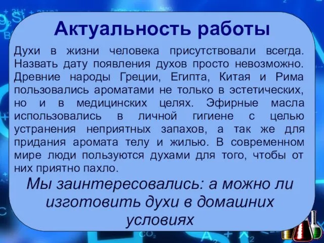 Актуальность работы Духи в жизни человека присутствовали всегда. Назвать дату