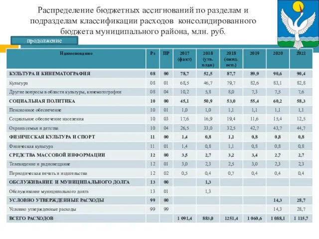 Распределение бюджетных ассигнований по разделам и подразделам классификации расходов консолидированного бюджета муниципального района, млн. руб. продолжение