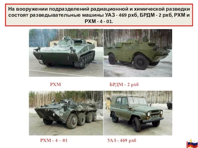 На вооружении подразделений радиационной и химической разведки состоят разведывательные машины УАЗ - 469